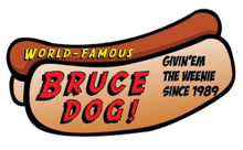 a cartoon drawing of a hot dog with the words world famous bruce dog