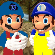 two mario brothers are standing next to each other and one has the number 11 on his hat