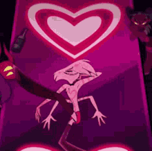 a cartoon character is standing in front of a heart and holding a sword .