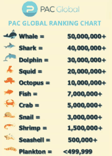 a pac global ranking chart showing whale shark dolphin squid octopus fish crab snail seashell plankton