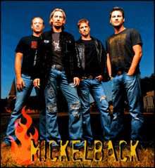 a group of men standing in a field with the word nickelback on the bottom right