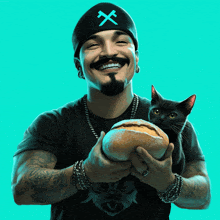 a man holding a loaf of bread with a black cat behind him