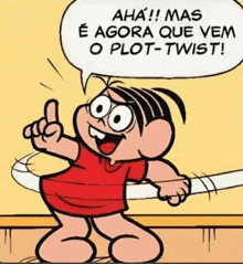 a cartoon character with a speech bubble that says aha ! mas e agora que vem o plot twist !