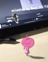 a drawing of a girl standing in front of a screen that says " animated by @magi_502 "