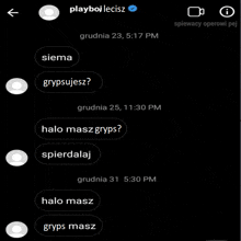 a screenshot of a text message between playboy lecisz and siera