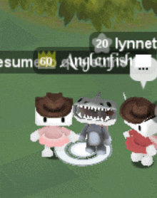 three stuffed animals wearing cowboy hats are standing next to each other in a video game with the name lynne on the top right