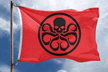 a red flag with a black octopus and skull in a circle