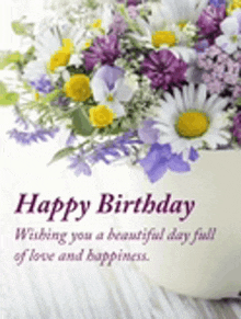 a birthday card with a vase of flowers and the words " happy birthday wishing you a beautiful day full of love and happiness "