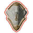 a pixel art of a shield with a red border and a skull on it .