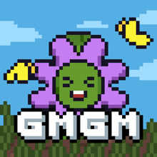 a pixel art illustration of a flower with the word gmgm below it