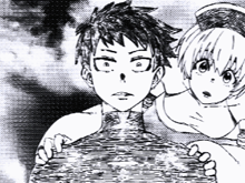 a black and white drawing of a man and a girl