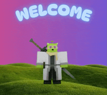 a cartoon character holding a sword with the words welcome above him