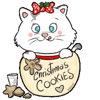 a cartoon of a cat with a bow on its head holding a bowl of christmas cookies