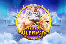 the logo for gates of olympus is a statue of a man with a beard and a laurel wreath .