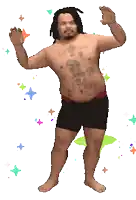 a pixelated image of a shirtless man in black shorts dancing