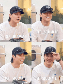 a man wearing a white shirt and a black hat with def soulmate written on it