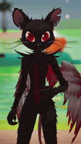 a black cat with red eyes and wings stands in front of a green field