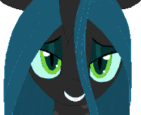 a pixel art drawing of a pony with blue hair and green eyes