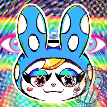 a colorful drawing of a bunny with a blue hat and glasses