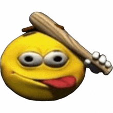 a yellow smiley face is sticking its tongue out while holding a baseball bat .