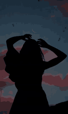 a silhouette of a woman with a crescent moon behind her head