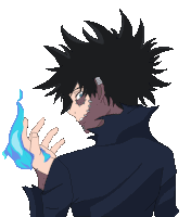 a drawing of a person with black hair and a blue fire in their hand