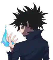 a drawing of a person with black hair and a blue fire in their hand