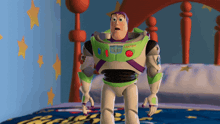 a toy story character named buzz lightyear standing on a bed