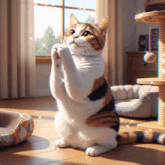 a calico cat sitting on its hind legs with its paws up in front of a window