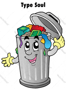 a cartoon illustration of a garbage can with a type soul label