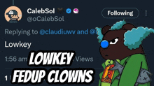 a tweet from calebsol shows a cartoon bear with blue hair