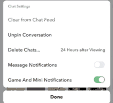 a screenshot of a chat settings screen shows the options to clear from chat feed unpin conversation delete chats and message notifications