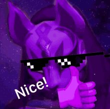 a purple cat is wearing sunglasses and giving a thumbs up with the words nice below it