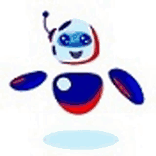 a cartoon robot with a red , white and blue body is flying through the air .