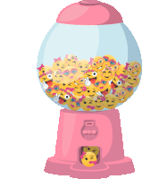 a pink gumball machine filled with smiley faces including one that says ' n ' on it