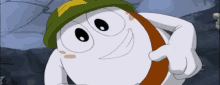 a white cartoon character wearing a green hat and a brown belt