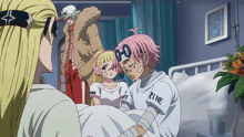 a girl with pink hair is wearing a shirt that says marine