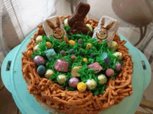 a cake decorated to look like an easter basket with chocolate bunnies