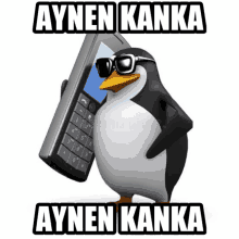 a penguin wearing sunglasses is holding a cell phone with aynen kanka written on the bottom