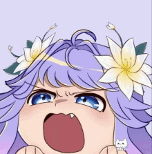 a cartoon girl with purple hair and white flowers on her head is making a funny face .