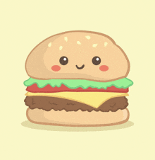 a cartoon illustration of a hamburger with a smiling face on a yellow background