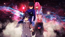 a group of anime characters standing next to each other with one holding a book that says zero two