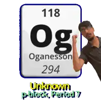 a man is standing in front of a periodic table of the elements oganesson 294