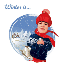 a cartoon of a person wearing a red hat and scarf holding a pair of ice skates with the words winter is below them