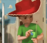 a toy story character wearing a red cowboy hat and a green shirt is holding a toy gun .