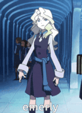 a girl in a purple dress is standing in a hallway and the word emery is on the bottom right