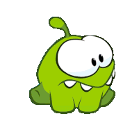 a green cartoon character with big eyes and sharp teeth