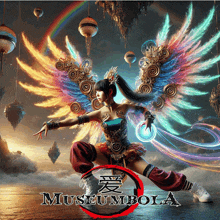 a poster for museum bola shows a woman with wings and a rainbow in the background