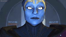 a woman with blue skin and white eyes is standing in front of a sign that says omg