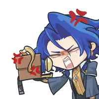 a cartoon character with blue hair is holding a box and making a face
